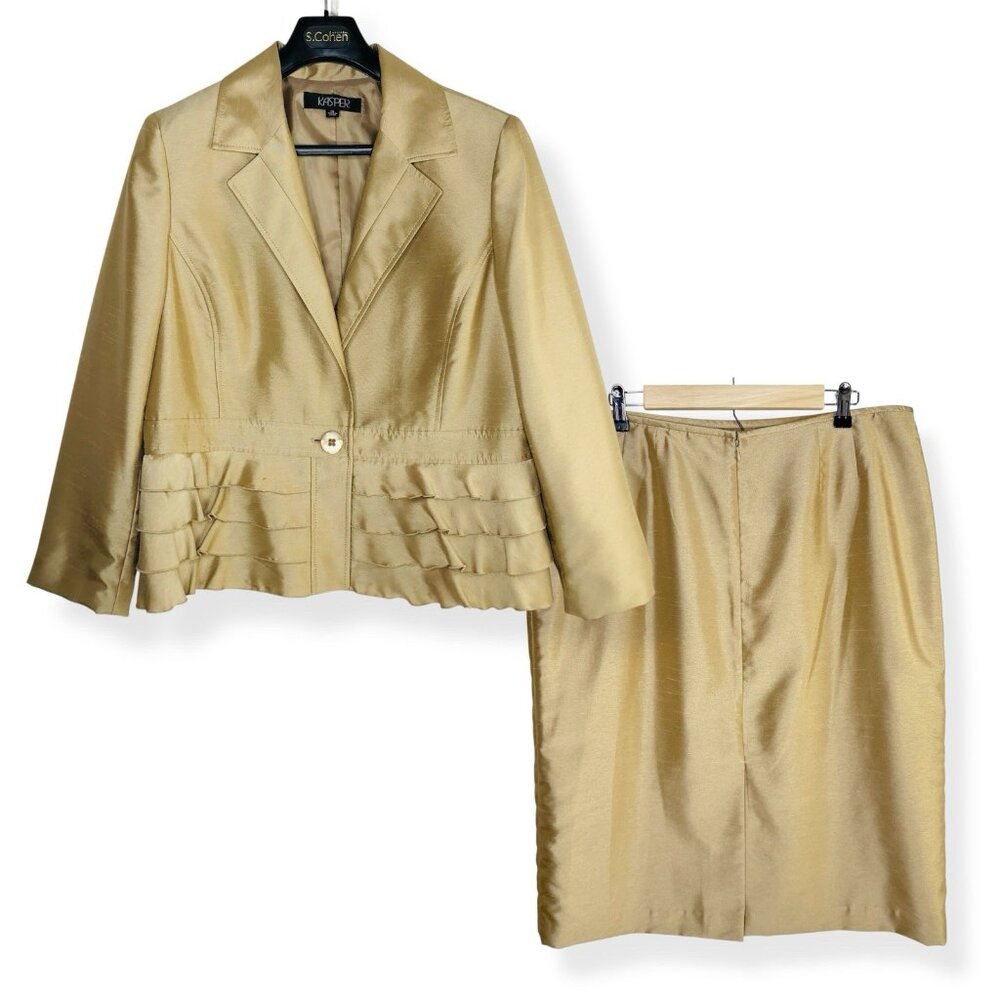KASPER 2 pcs Suits Skirt Blazer Jacket Size 18 Champagne Ruffles Business Formal